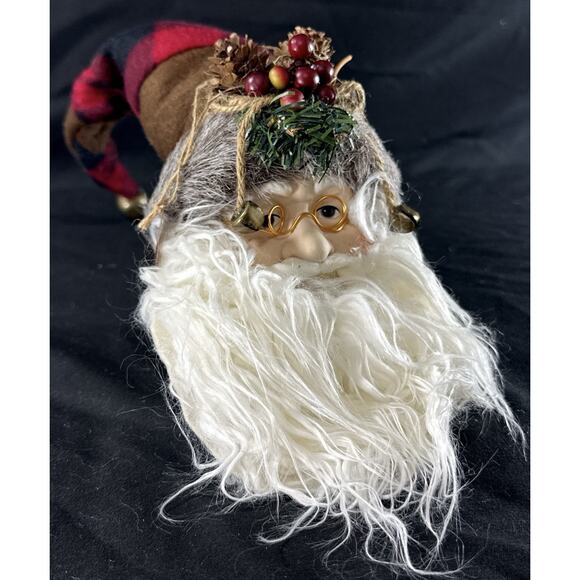 Santa’s Collection 2008 Series Santa Claus Head Ornament Red Plaid Hat Pinecones - Picture 1 of 6